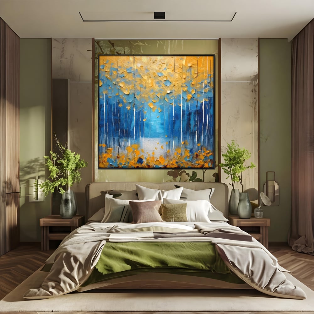 Tablou canvas cu pictura abstracta cu frunze si copaci, in rama de aluminiu negru, pe perete intr-un dormitor